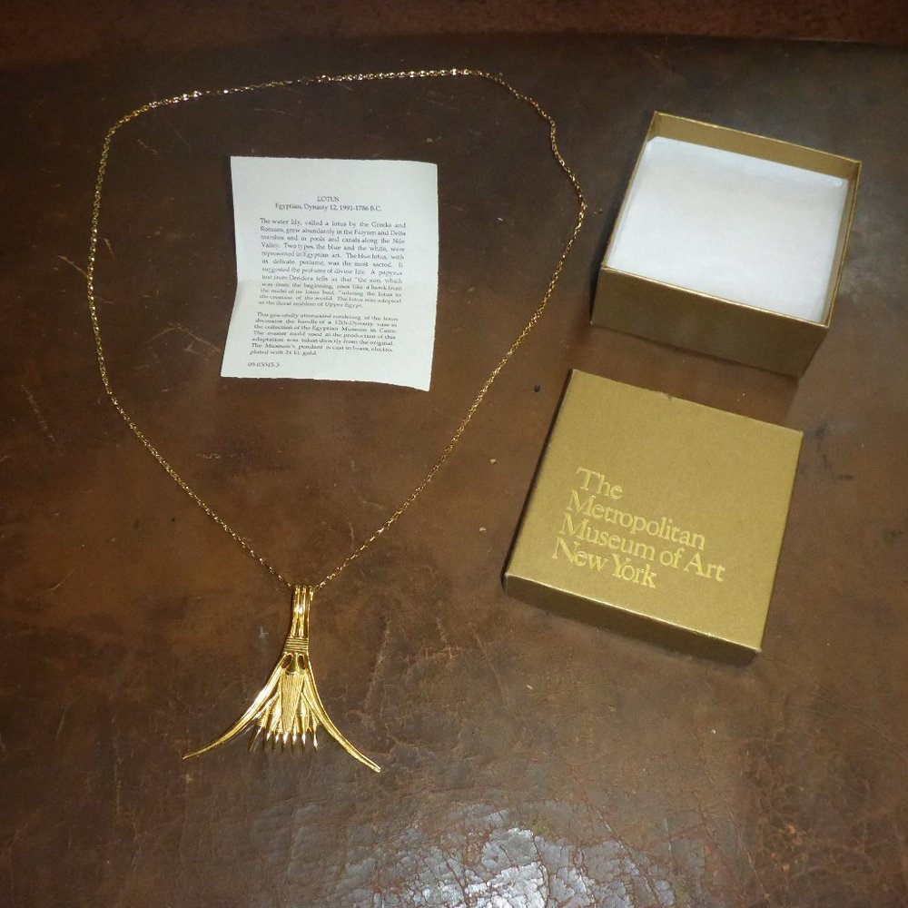 Vintage Large Egyptian Lotus Blossom Gold Plated Pendant w/ Long Necklace